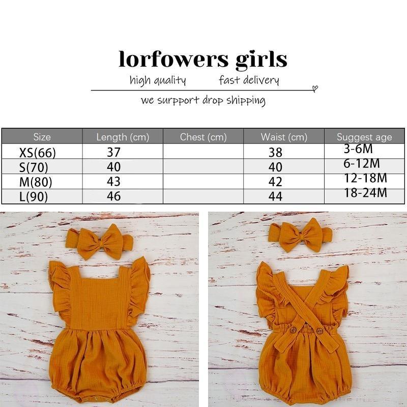 Cotton Baby Girl Double Ruffle Romper Jumpsuit with Headband Playsuit For Newborn With Bow