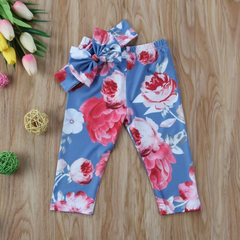 Luxury Modern Girls Summer Floral Baby Girls Pant with Headband Newborn Kid Girls Floral Bottoms Long Pants Trousers In Flower Design For Girls With Bow
