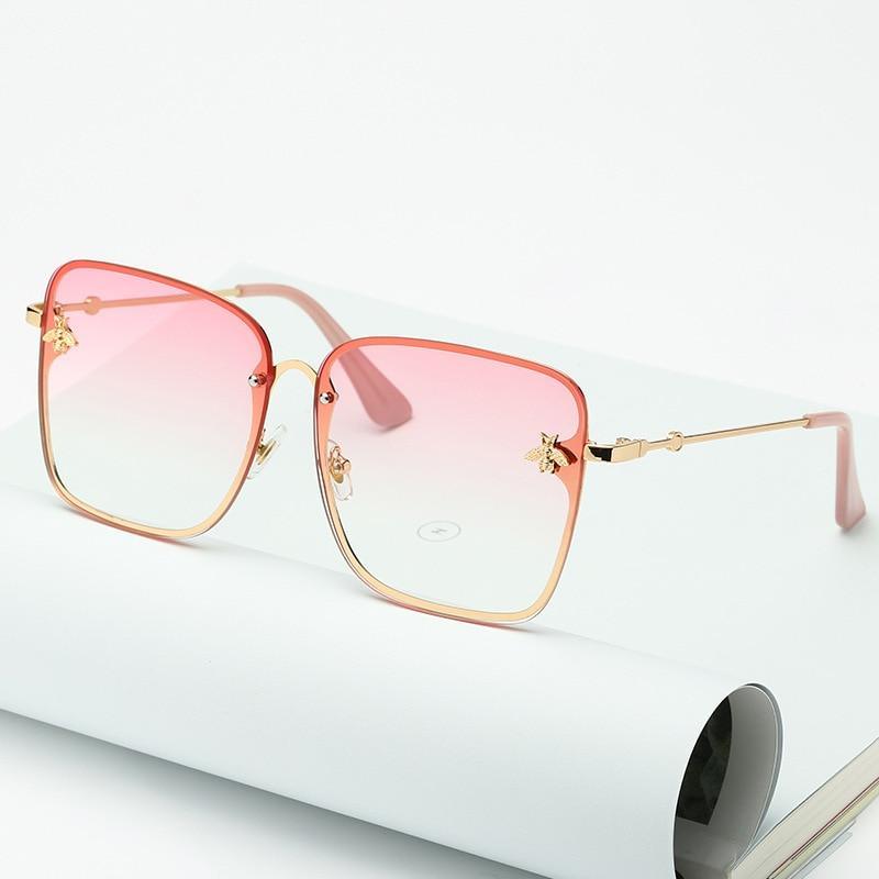 New Fashion Lady Oversize Rimless Square Bee Sunglasses For Women With Small Bee Glasses Design Gradient Sunglasses With UV400