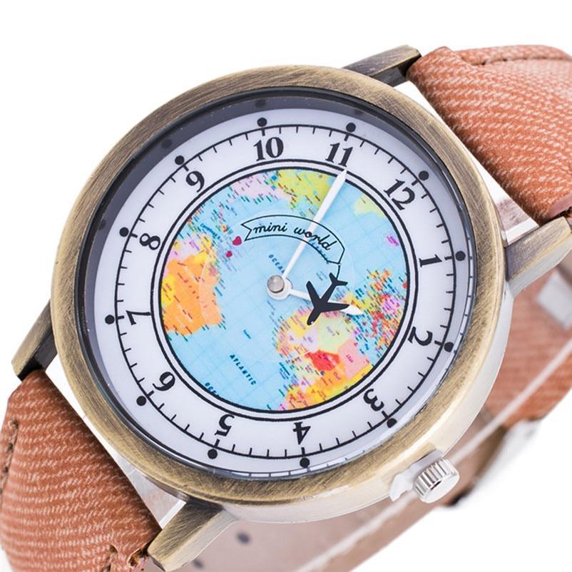 Fashion Casual Watches Women Casual Wristwatch Personality World Map With Airplane Pattern Cowboy Band Quartz Watch For Woman and Girls