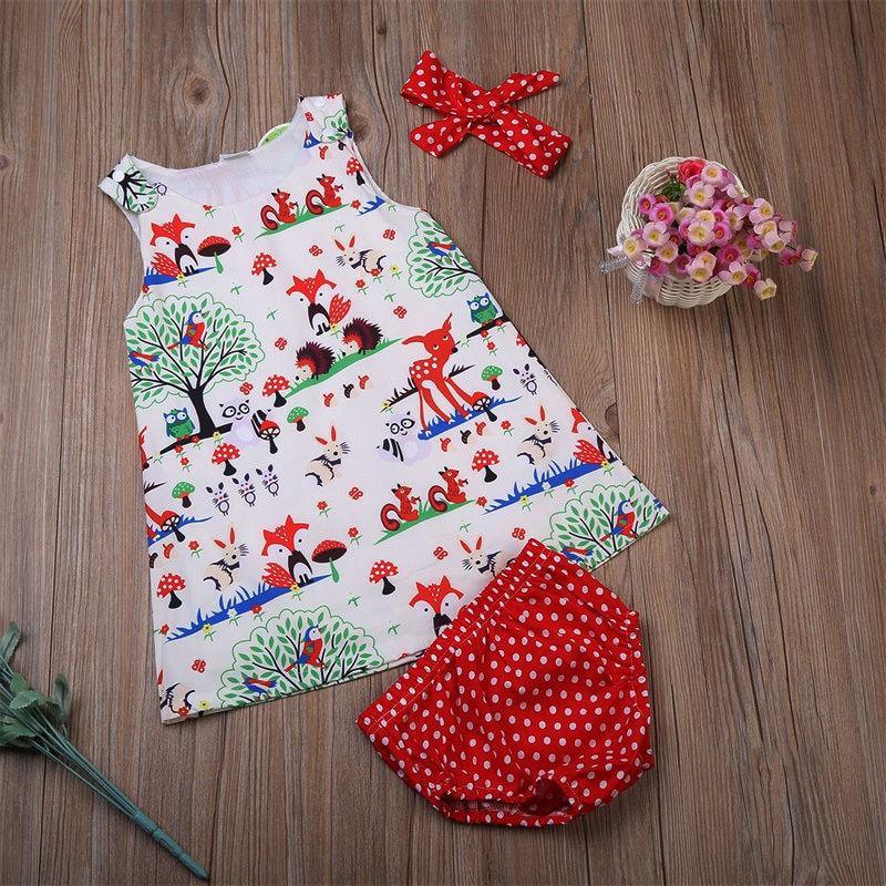 Summer Baby Girl Clothes Toddler Floral Headband Cartoon Dress Dot Shorts Outfits Clothes set 0-24M For Baby Girls With Bow