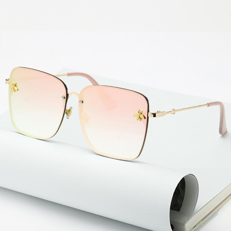 New Fashion Lady Oversize Rimless Square Bee Sunglasses For Women With Small Bee Glasses Design Gradient Sunglasses With UV400