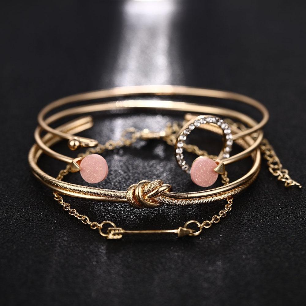 Luxury Modern Gold Crystal Circle Arrow Bracelets Set for Women In Bohemian Pink Opal Adjustable Charm Bracelet Jewelry Style for Women and Ladies