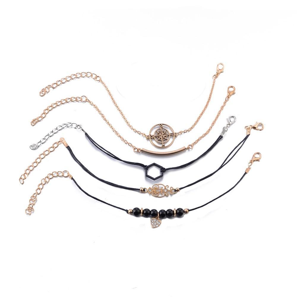 Bohemian Black Beads Chain Bracelets Bangles For Women Fashion Heart Compass Gold Color Bracelets Sets Luxury Jewelry Gifts