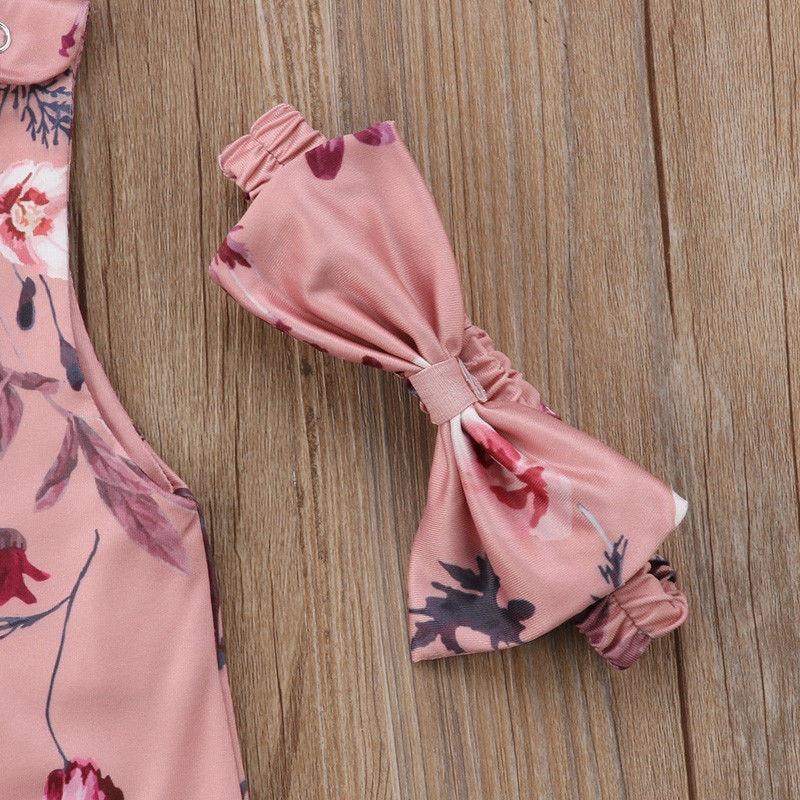 Floral Newborn Baby Girls Sleeve less Printed Rompers Jumpsuit Headband Clothes Sets Outfits For Baby Girls With Bow