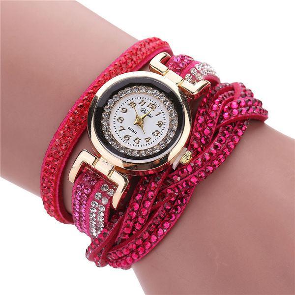 Fashion Casual Gold Quartz Women Rhinestone Watch Braided Leather Bracelet Watch Gift Ladies Wristwatch For Ladies and Women