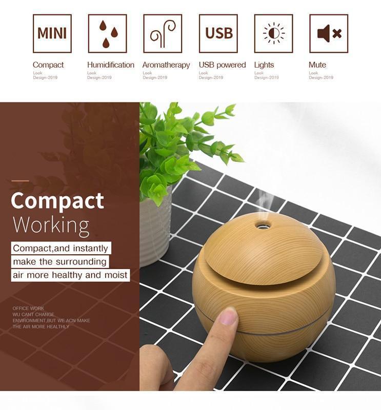 Mini Air Humidifier Ultrasonic USB Aroma Wood Grain LED Night Light Electric Essential Oil Diffuser Aromatherapy Home