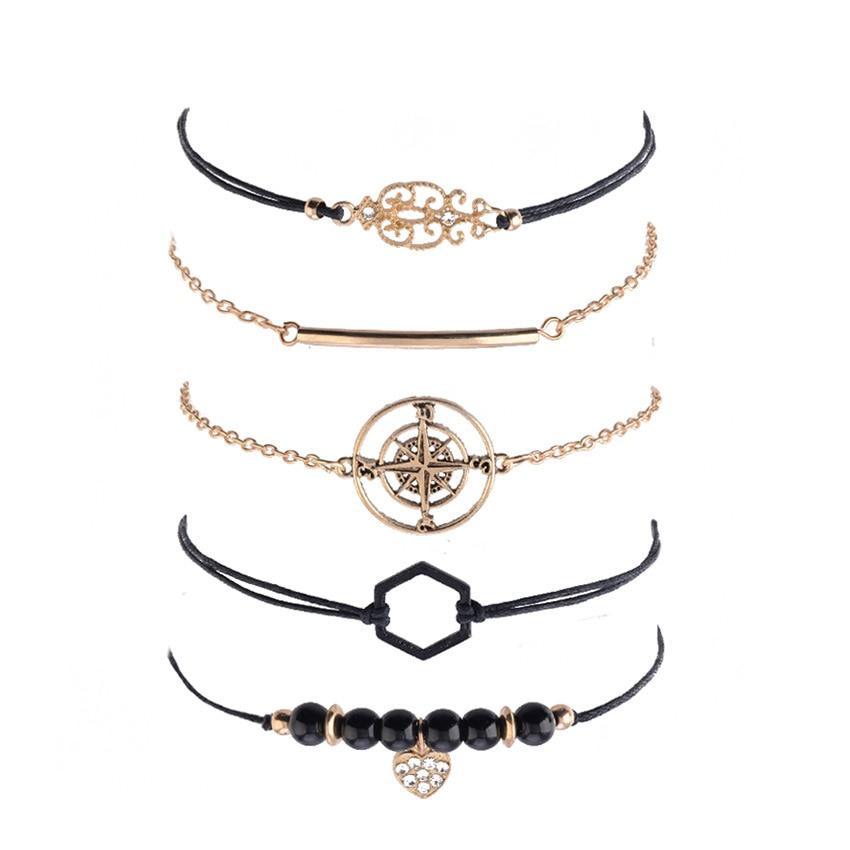 Bohemian Black Beads Chain Bracelets Bangles For Women Fashion Heart Compass Gold Color Bracelets Sets Luxury Jewelry Gifts