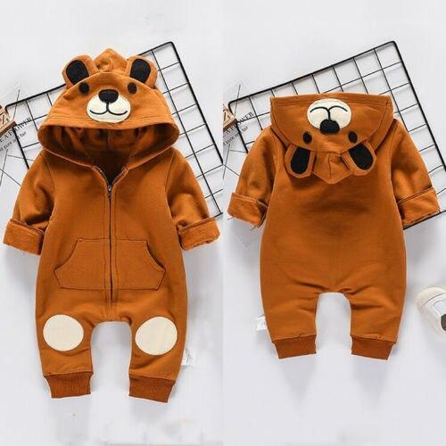 Cute Bear Newborn Infant Baby Boy Girl Kid Ear Hooded Romper Zipper Cartoon Patchwork Jumpsuit For Baby Girls and Boys