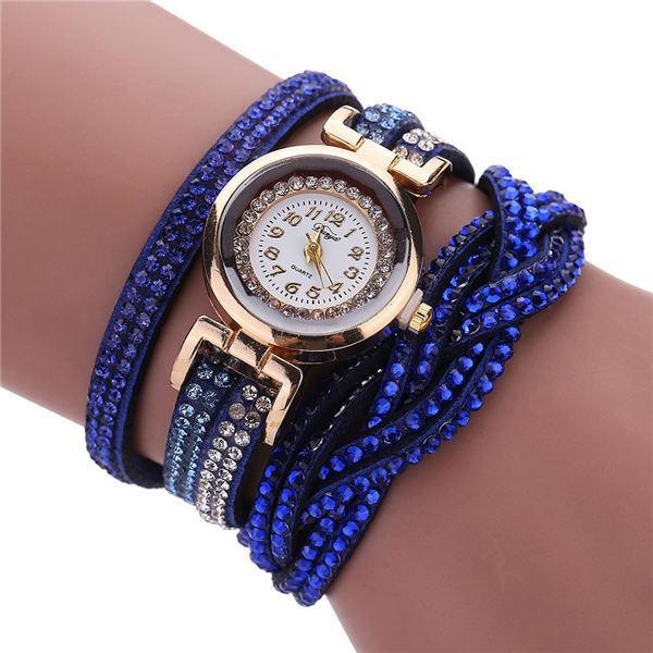 Fashion Casual Gold Quartz Women Rhinestone Watch Braided Leather Bracelet Watch Gift Ladies Wristwatch For Ladies and Women