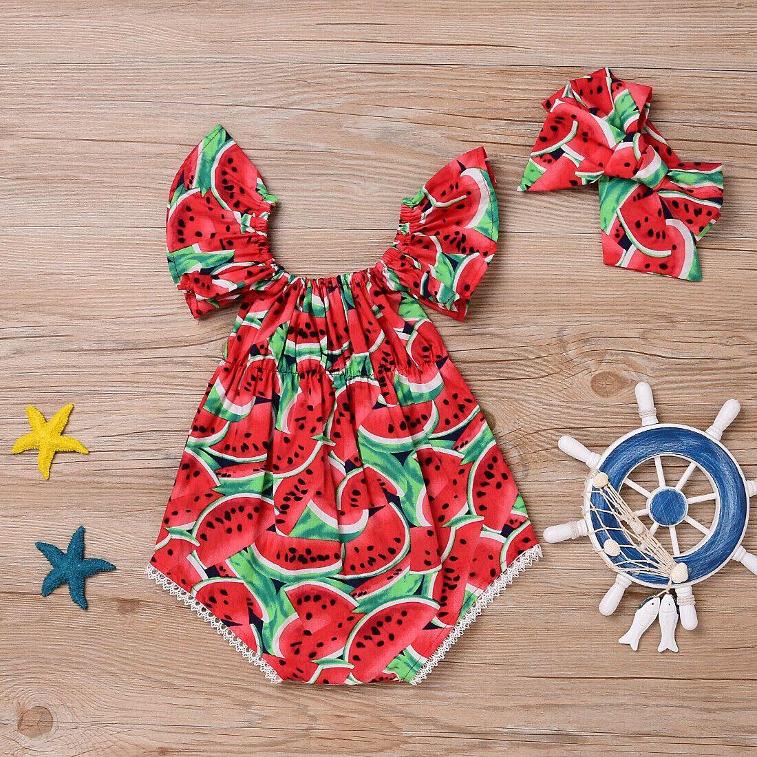 2PCS Newborn Baby Girl Watermelon Summer Cute Bodysuit Jumpsuit Outfit WIth Bow For Girls
