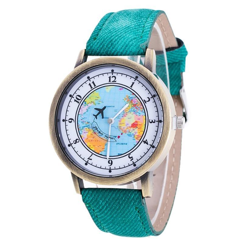 Fashion Casual Watches Women Casual Wristwatch Personality World Map With Airplane Pattern Cowboy Band Quartz Watch For Woman and Girls