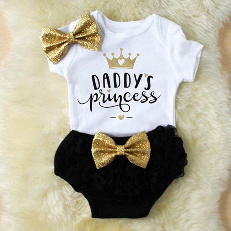 3PCS Cute Newborn Baby Girl Outfits Clothes Tops Bodysuit Shorts Pants Set For Girls WIth Print Dadys Princess