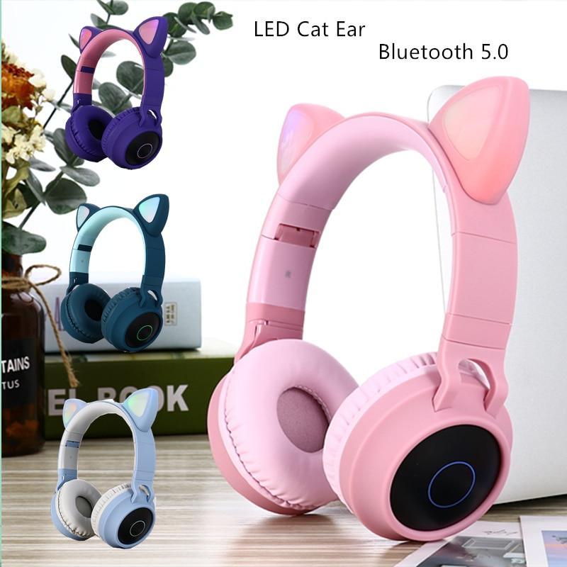 STEVVEX New Luxury Interesting LED Cat Ear Noise Cancelling Headphones Bluetooth 5.0 For Young People and Kids Headset Support TF Card 3.5mm Plug With Mic