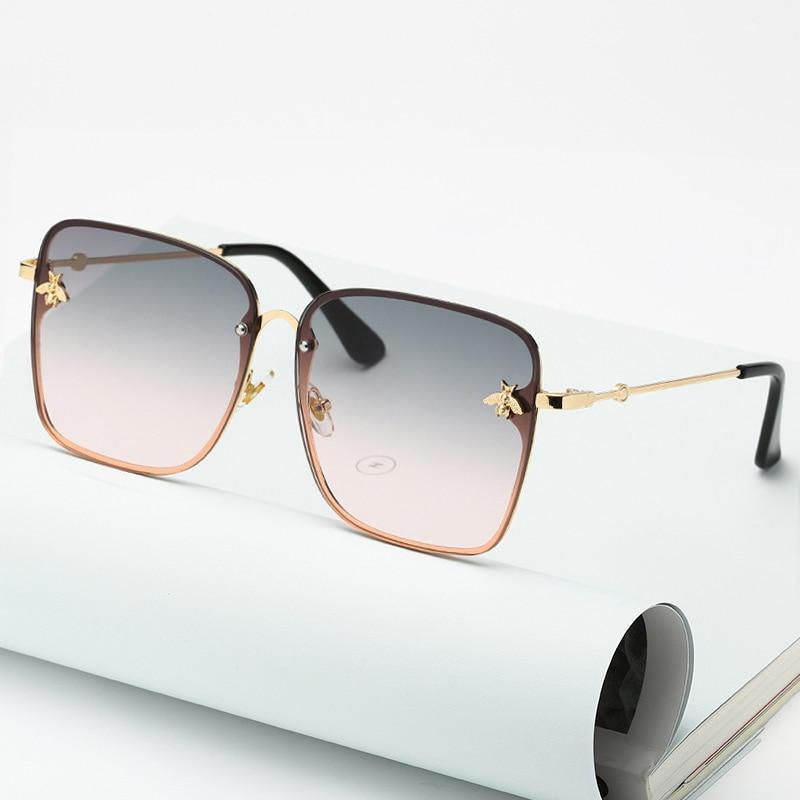 New Fashion Lady Oversize Rimless Square Bee Sunglasses For Women With Small Bee Glasses Design Gradient Sunglasses With UV400