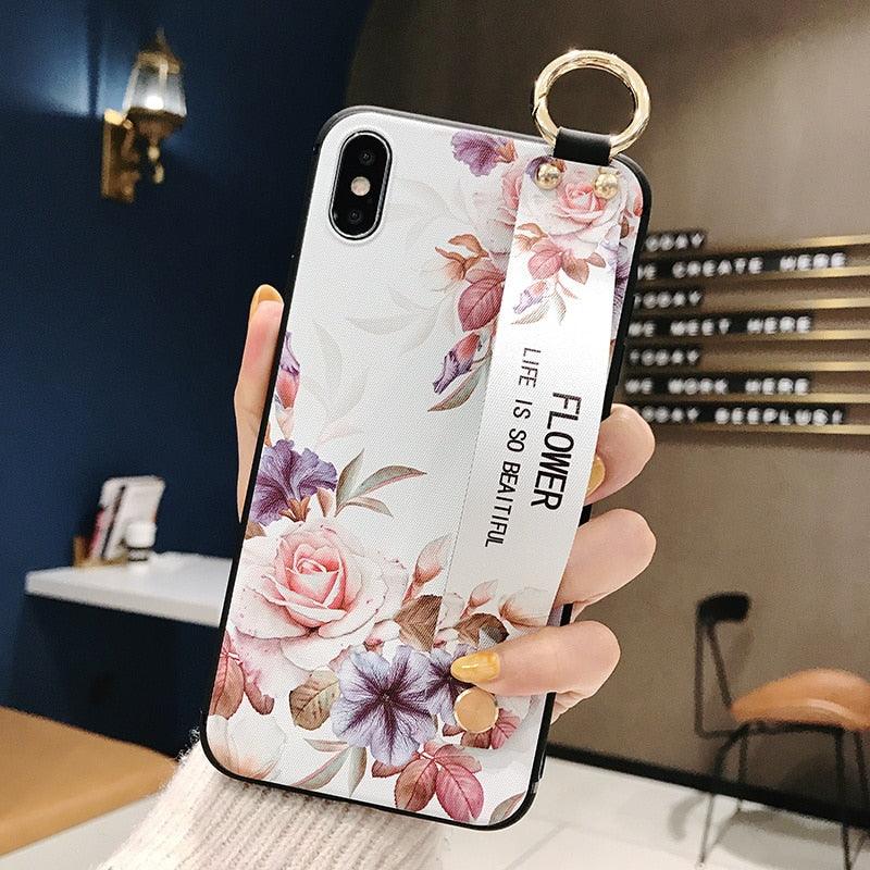 Rose Flowers Wrist Strap Phone Cases For iPhone 13 12 11 14 pro MAX X XR XS MAX 7 8 Plus Cover Hand Band Cases Soft Full Protection Slim Colorful Protective Phone Case For iPhone