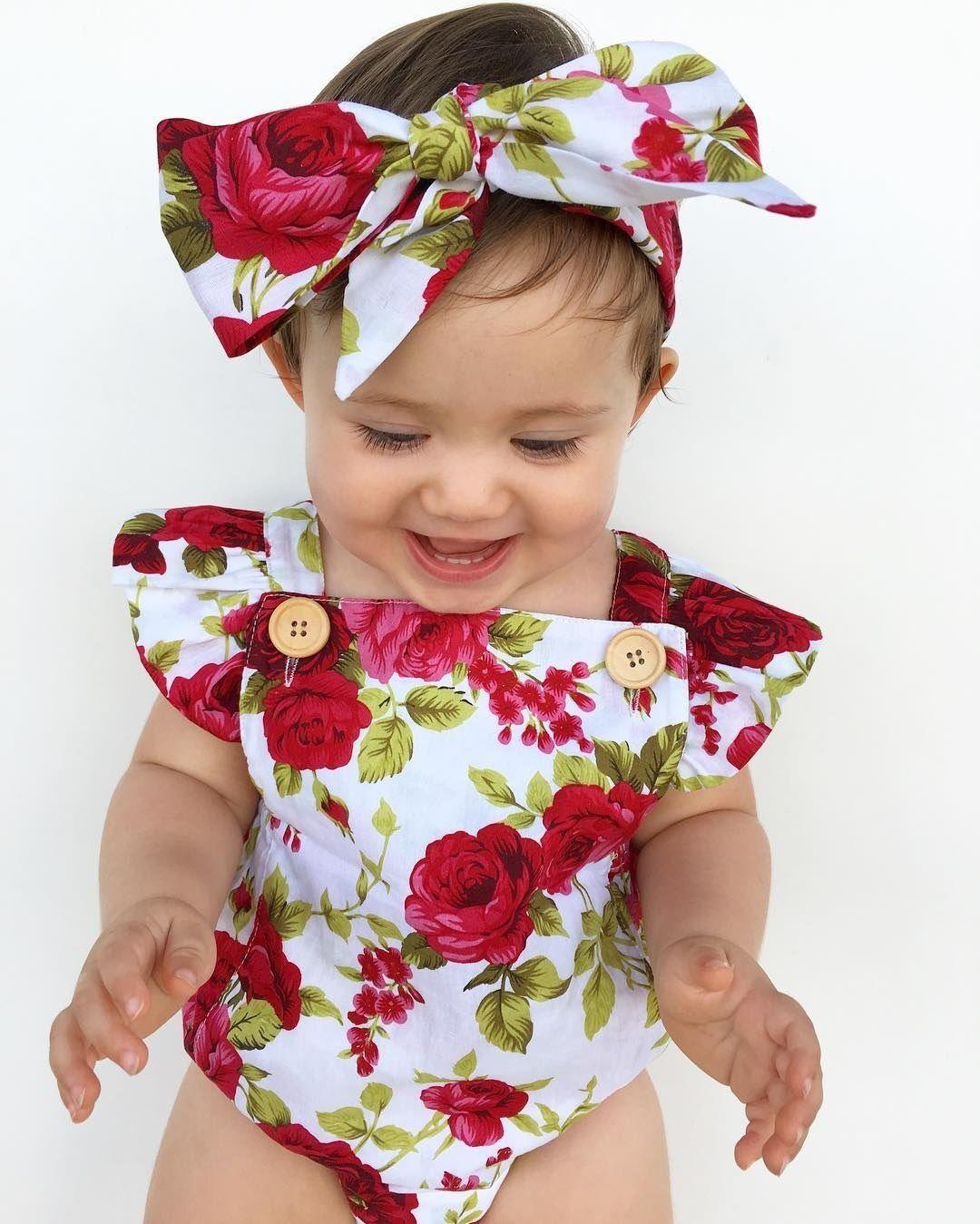 Luxury Modern Cute Floral Romper Baby Girls Clothes Jumpsuit Romper Headband Toddler Dress With Bow For Girls