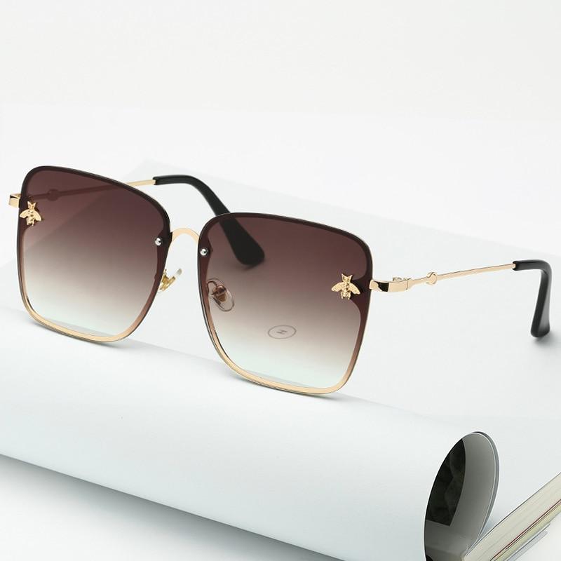 New Fashion Lady Oversize Rimless Square Bee Sunglasses For Women With Small Bee Glasses Design Gradient Sunglasses With UV400