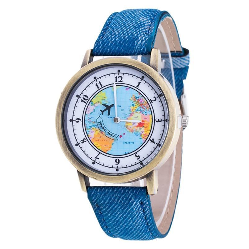 Fashion Casual Watches Women Casual Wristwatch Personality World Map With Airplane Pattern Cowboy Band Quartz Watch For Woman and Girls