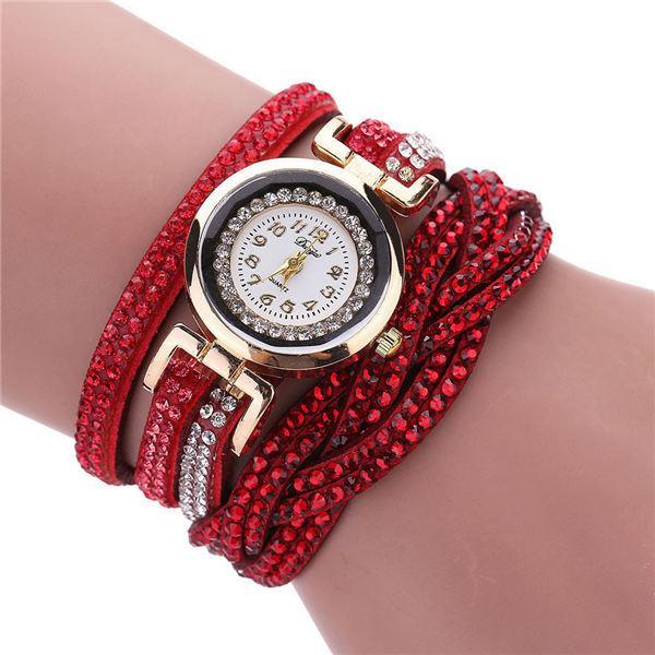 Fashion Casual Gold Quartz Women Rhinestone Watch Braided Leather Bracelet Watch Gift Ladies Wristwatch For Ladies and Women