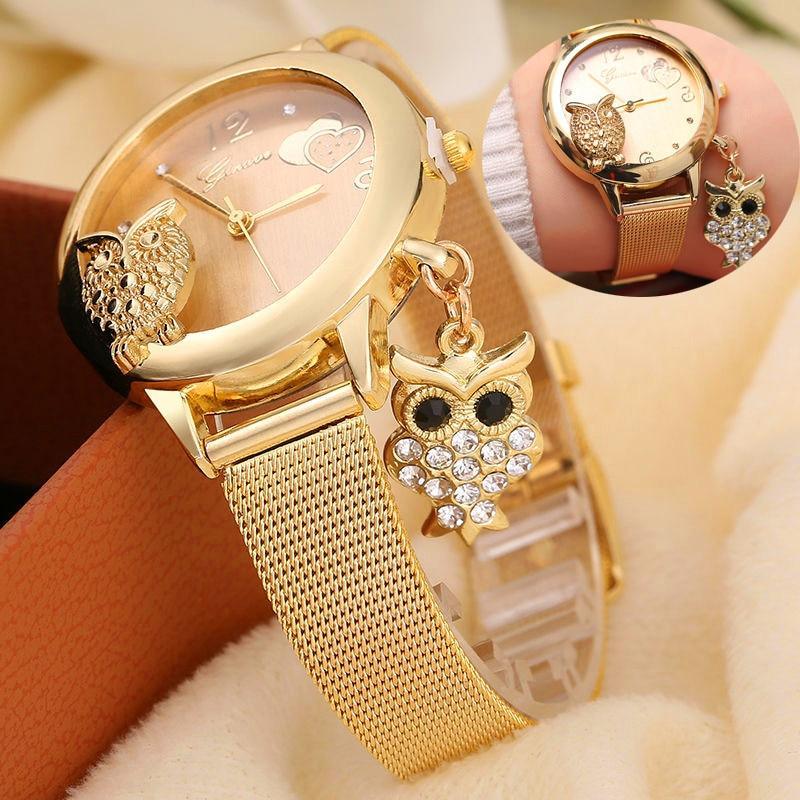 STEVVEX Gold Watch Brand Quartz Women Rose Gold Stainless Steel Mesh Belt Ladies Wristwatch Female Clock Owl (Gold) For Women and Girls