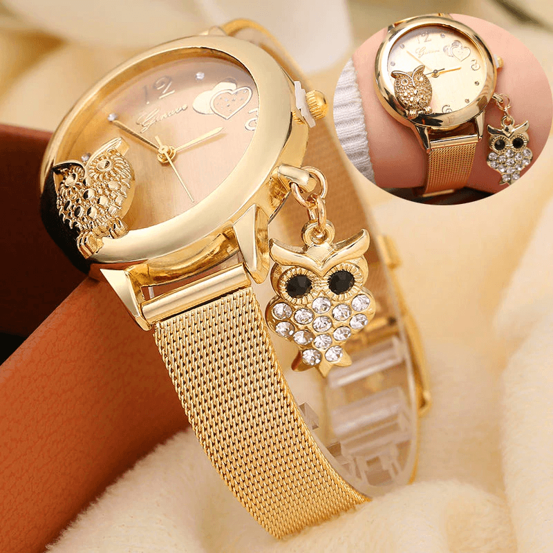 STEVVEX Gold Watch Brand Quartz Women Rose Gold Stainless Steel Mesh Belt Ladies Wristwatch Female Clock Owl (Gold) For Women and Girls
