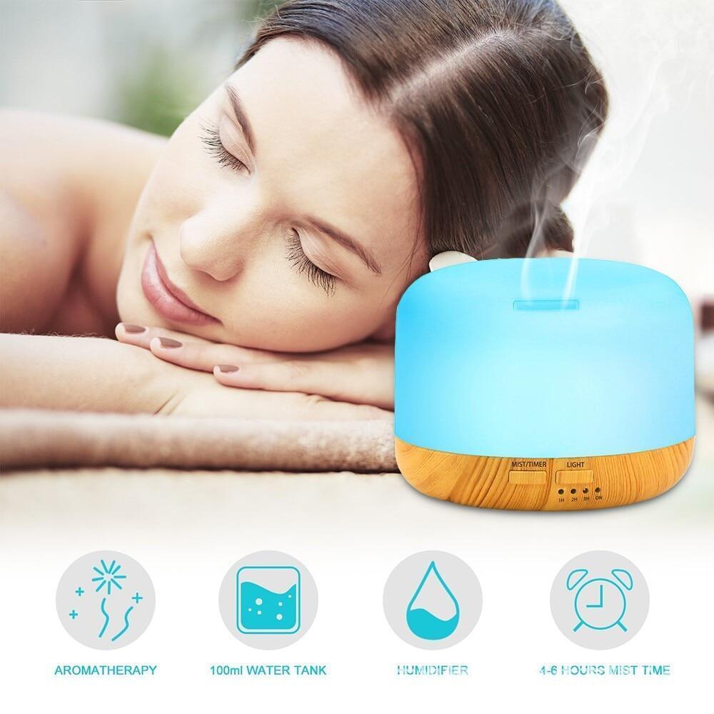 Air Humidifier Essential oil diffuser 300ML 500ML Ultrasonic Cool Mist Maker Fogger Humidifier LED Lamp Aroma Diffuser Electric Aromatherapy Diffuser umidifier Aroma Essential Oil Diffuser with 4 Timers 2 Misting Modes Waterless Auto Off