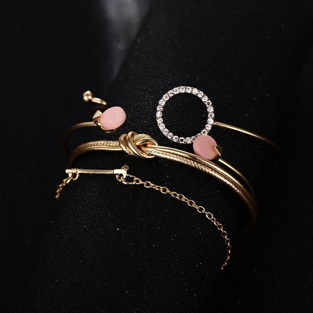 Luxury Modern Gold Crystal Circle Arrow Bracelets Set for Women In Bohemian Pink Opal Adjustable Charm Bracelet Jewelry Style for Women and Ladies
