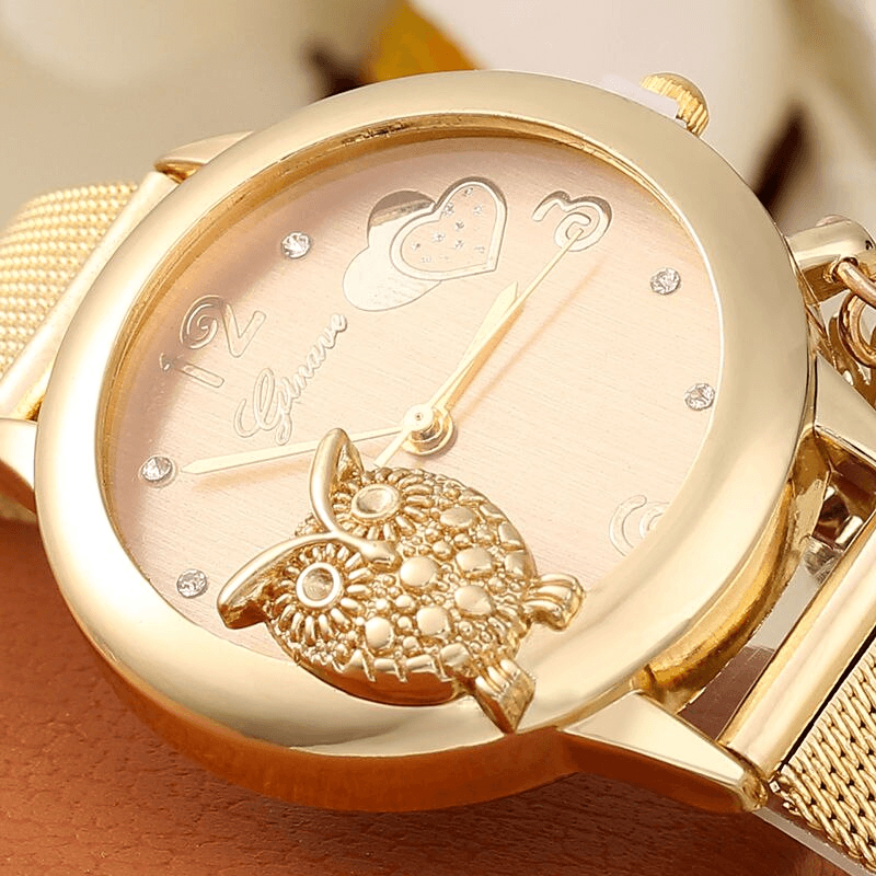 STEVVEX Gold Watch Brand Quartz Women Rose Gold Stainless Steel Mesh Belt Ladies Wristwatch Female Clock Owl (Gold) For Women and Girls