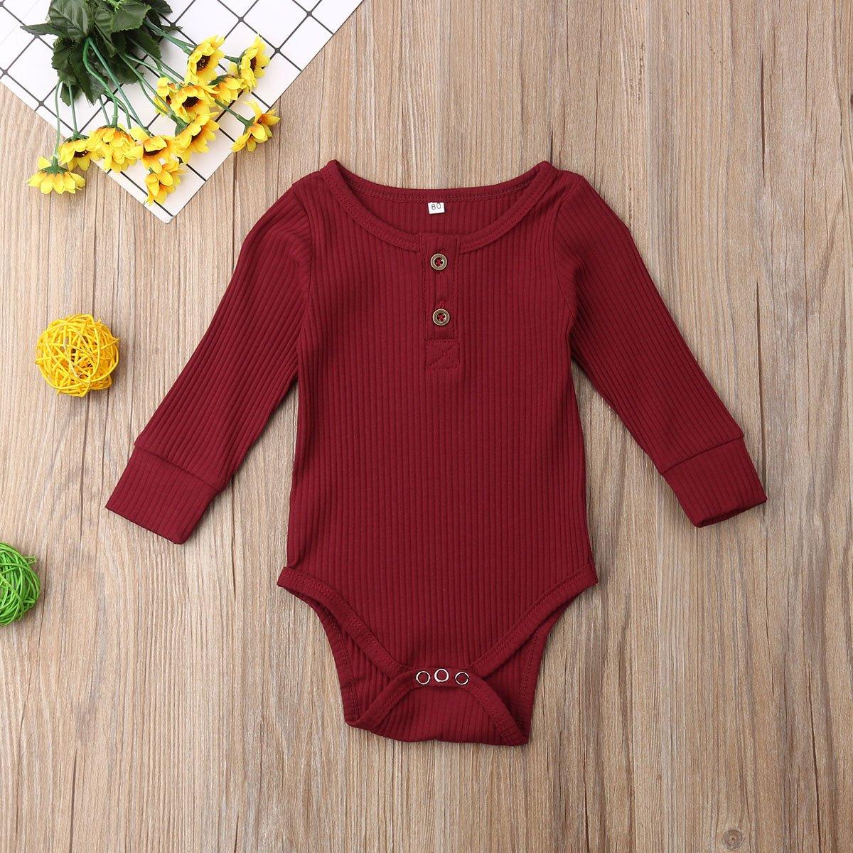 Newborn Infant Baby Girl Boy Ribbed Bodysuit Ruffle Long Sleeve One-Pieces Solid Jumpsuit Outfits For Girls