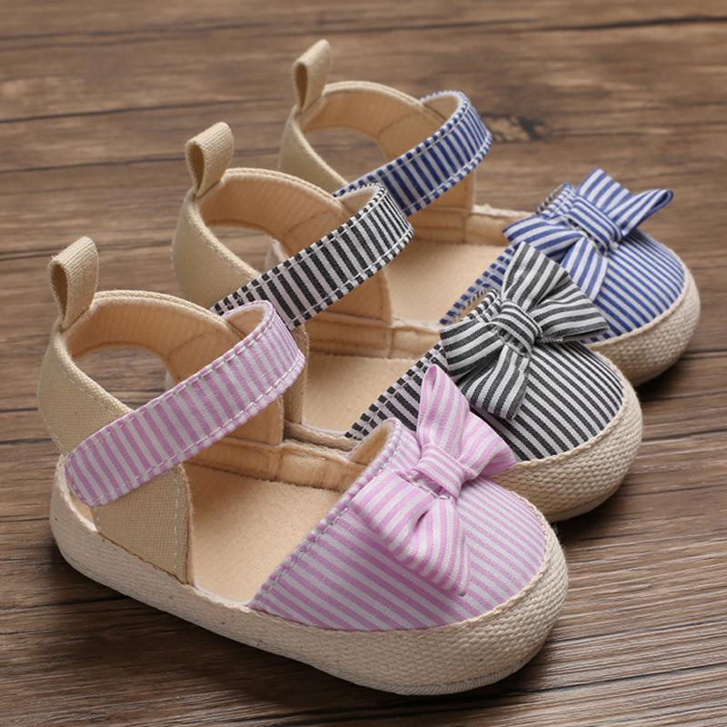 Newborn Infant Baby Summer Shoes Soft Crib Shoes Infants Anti-slip Striped Bowknot Pre Walker Sandals