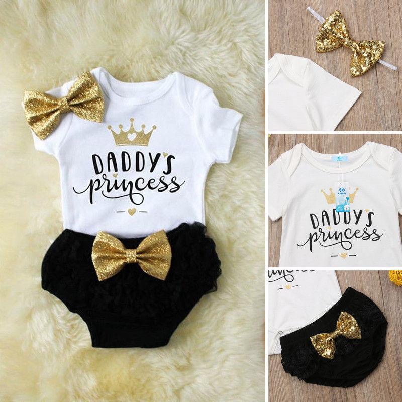 3PCS Cute Newborn Baby Girl Outfits Clothes Tops Bodysuit Shorts Pants Set For Girls WIth Print Dadys Princess