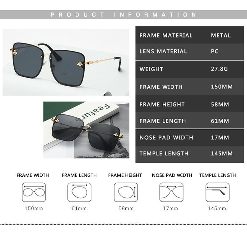 New Fashion Lady Oversize Rimless Square Bee Sunglasses For Women With Small Bee Glasses Design Gradient Sunglasses With UV400