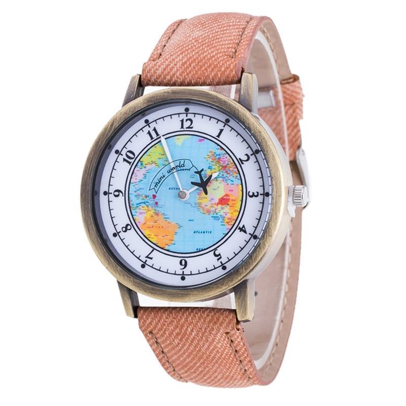 Fashion Casual Watches Women Casual Wristwatch Personality World Map With Airplane Pattern Cowboy Band Quartz Watch For Woman and Girls