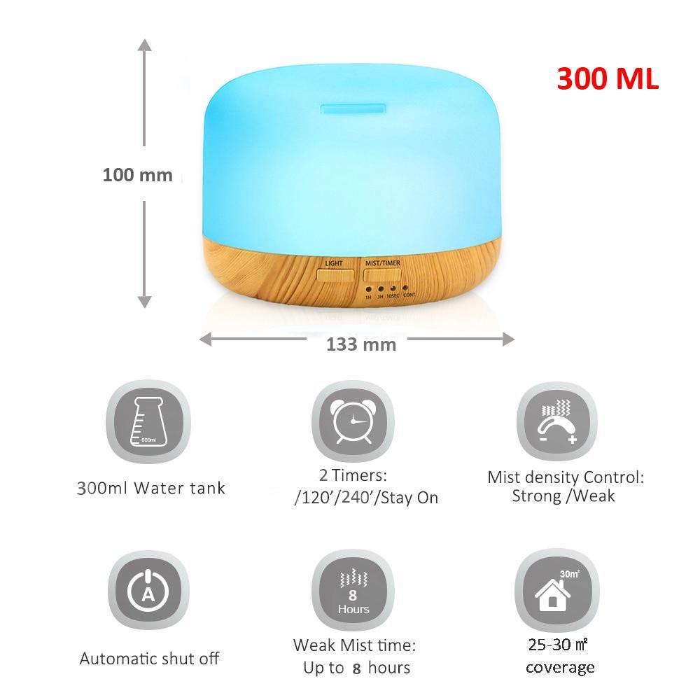 Air Humidifier Essential oil diffuser 300ML 500ML Ultrasonic Cool Mist Maker Fogger Humidifier LED Lamp Aroma Diffuser Electric Aromatherapy Diffuser umidifier Aroma Essential Oil Diffuser with 4 Timers 2 Misting Modes Waterless Auto Off
