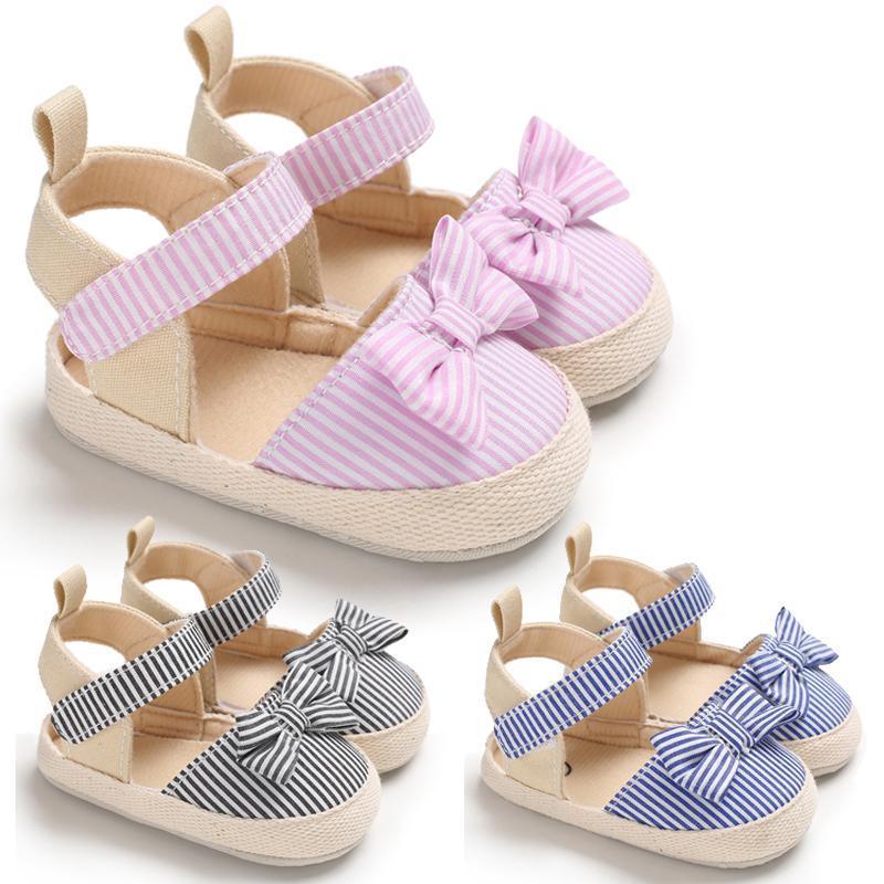 Newborn Infant Baby Summer Shoes Soft Crib Shoes Infants Anti-slip Striped Bowknot Pre Walker Sandals
