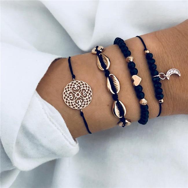 Bohemian Black Beads Chain Bracelets Bangles For Women Fashion Heart Compass Gold Color Bracelets Sets Luxury Jewelry Gifts