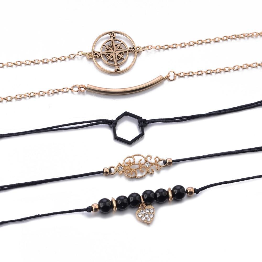 Bohemian Black Beads Chain Bracelets Bangles For Women Fashion Heart Compass Gold Color Bracelets Sets Luxury Jewelry Gifts