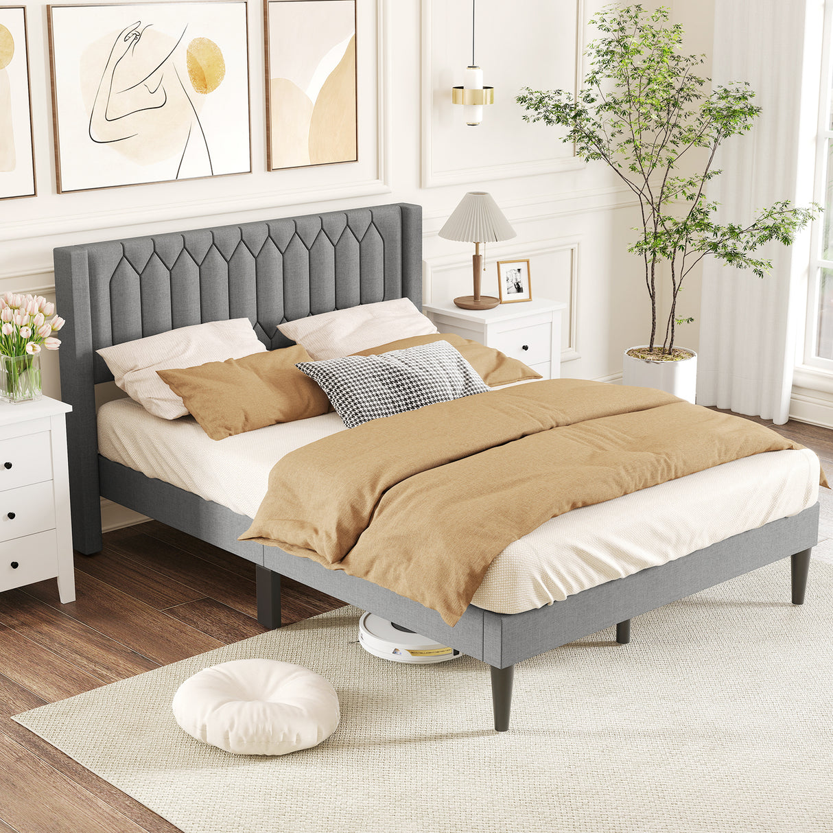 Queen Size Dutch Velvet/Linen Fabric Upholstered Platform Bed with Wingback Headboard and Wooden Slat Support-Grayã