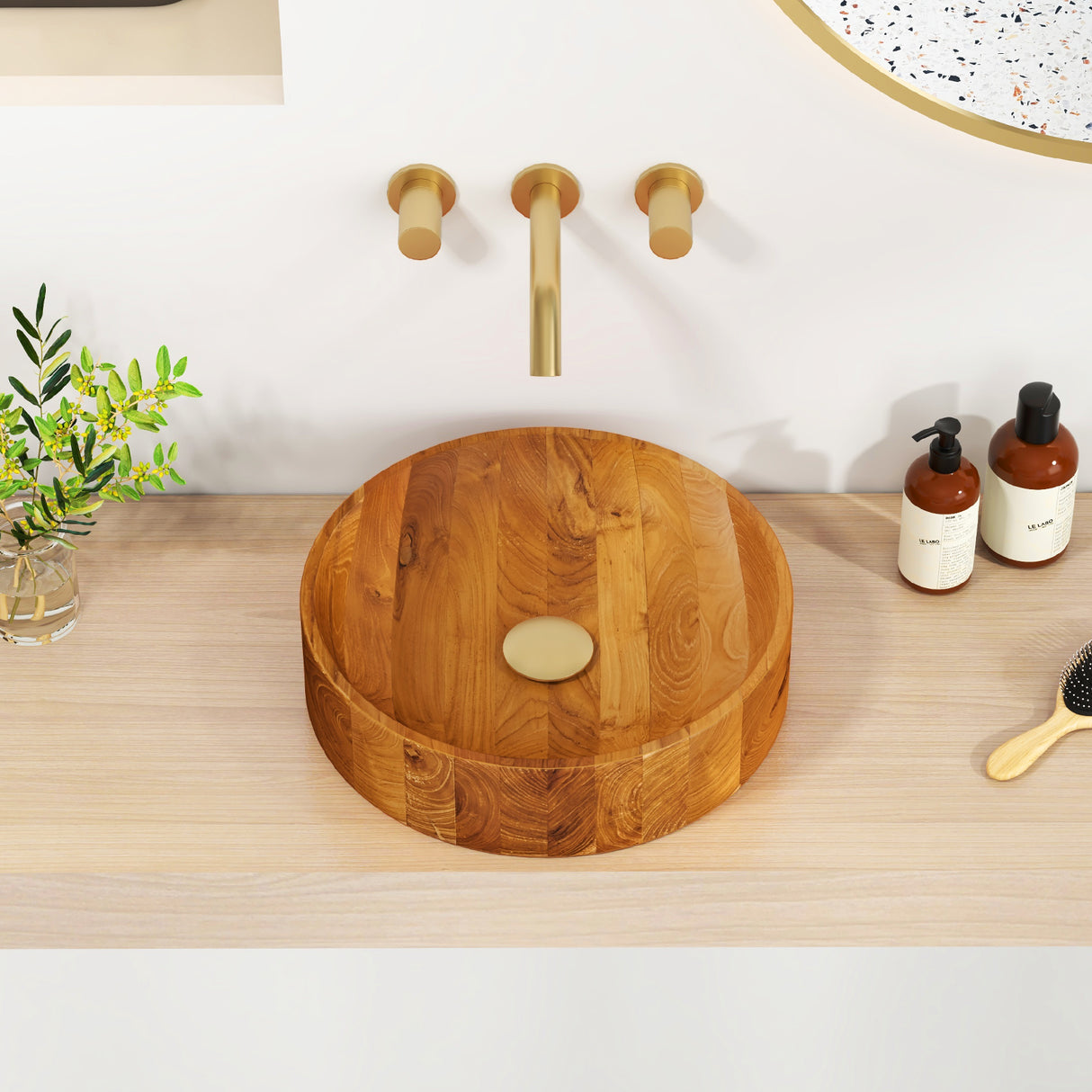 16 Inch Teak Wood Washbasin with Smooth Finish and Rounded Corners
