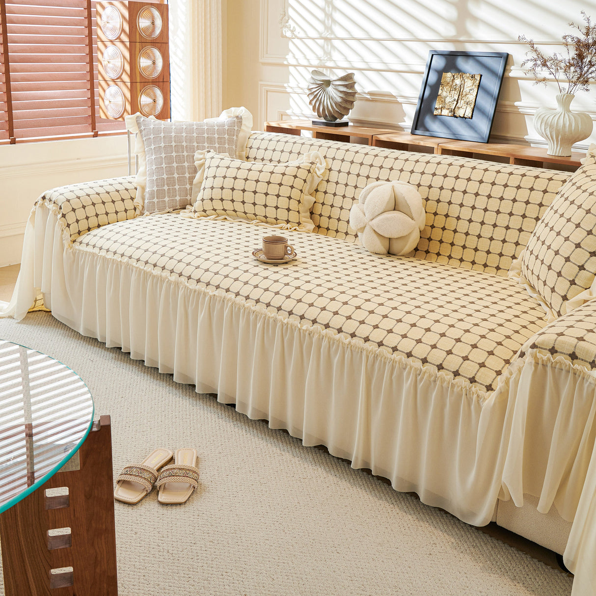 Grid Textured Sofa Cover with Sheer Ruffle Skirt, Pet-Friendly Sofa Throw Slipcover