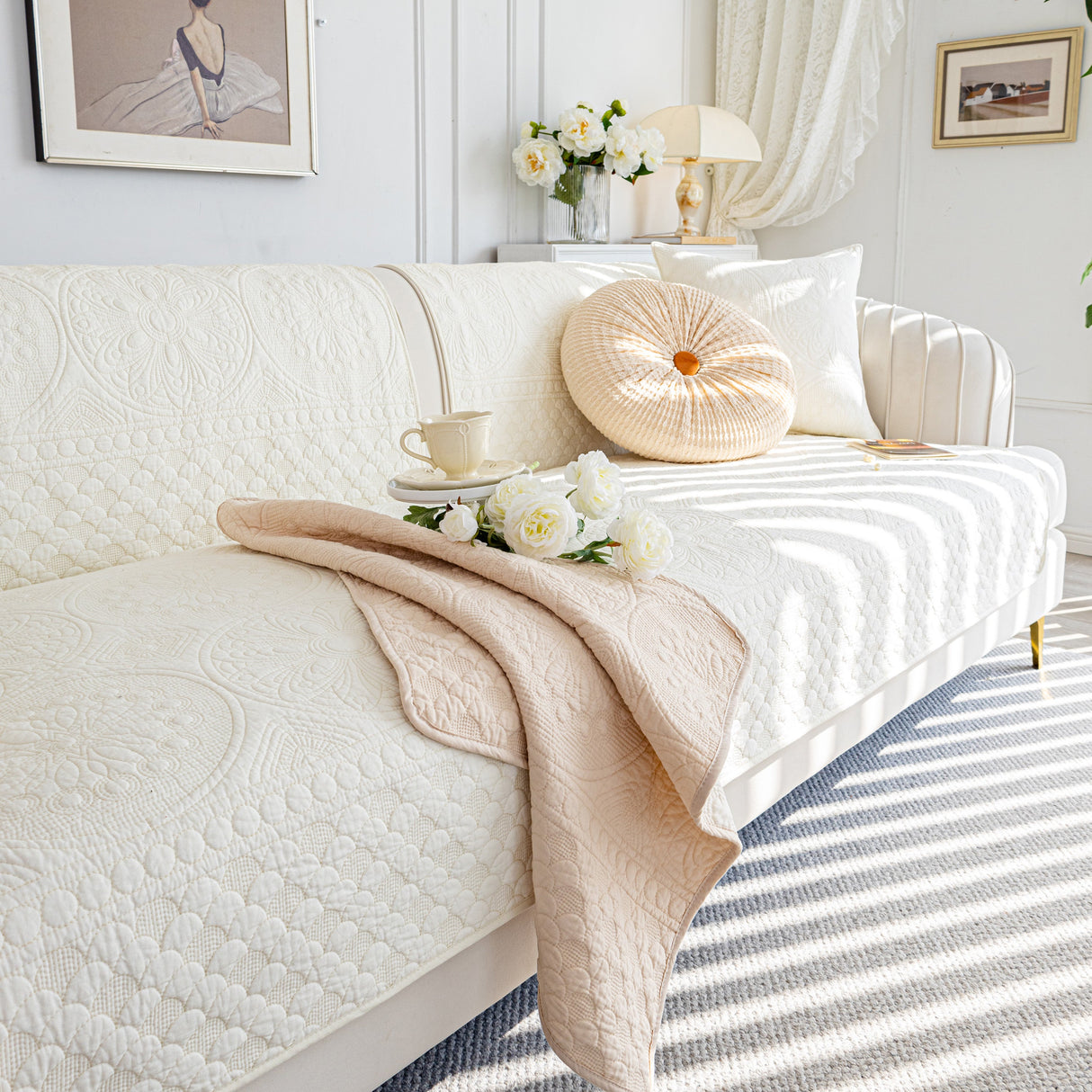 Cotton Quilted Sofa Cover, Non-Slip Couch Protector Fits Backrest, Seat & Armrest