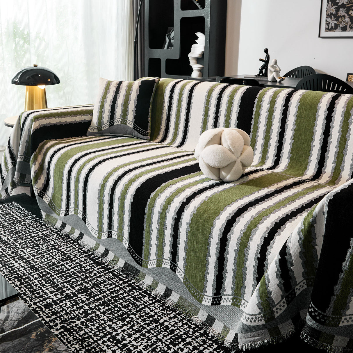 Striped Chenille Sofa Throw Covers, Boho Style Cozy Couch Protector Blanket