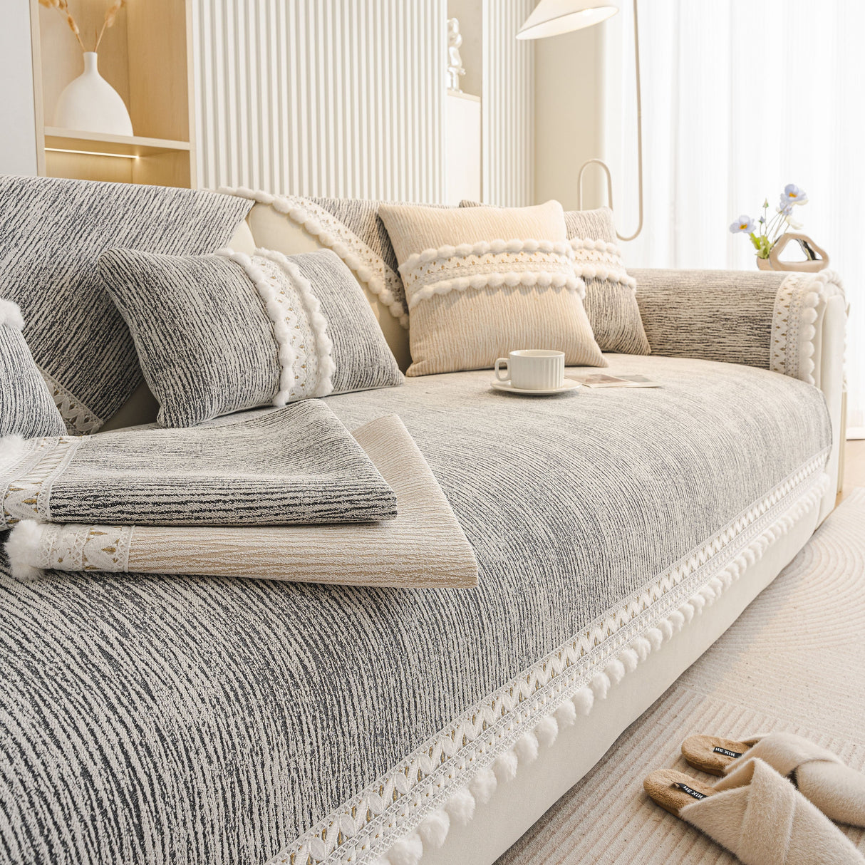 Soft Chenille Sectional Sofa Cover with Pom Pom Trim – Non-Slip Couch Protector