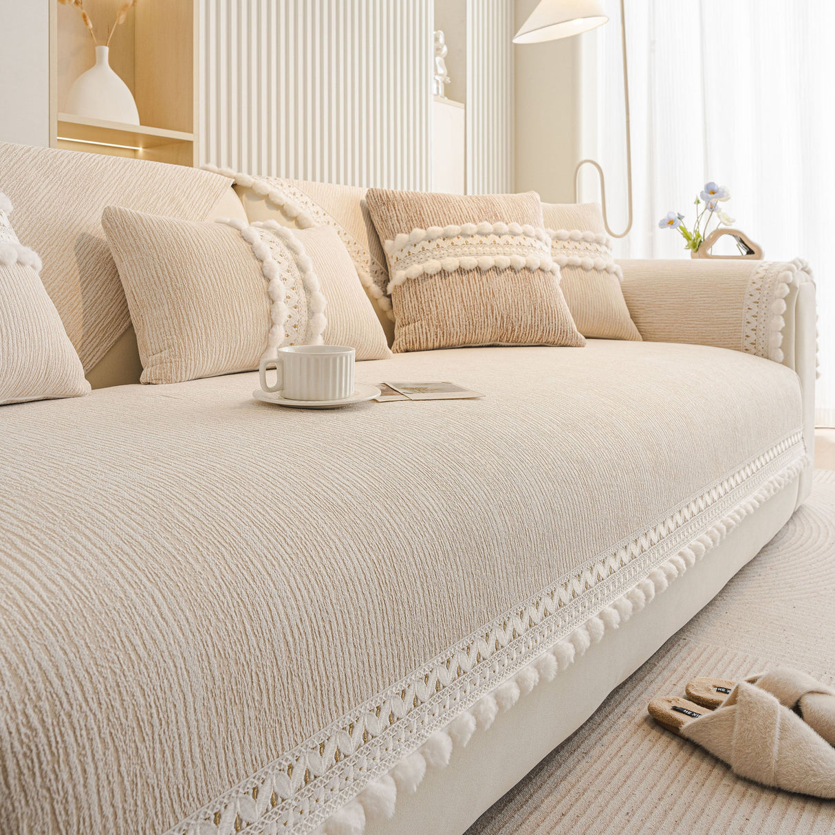 Soft Chenille Sectional Sofa Cover with Pom Pom Trim – Non-Slip Couch Protector