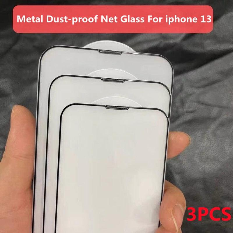 3Pcs Dust Net Protective Glass For iPhone 13 12 11 Pro XS Max XR 12 Mini Full Cover Protector Tempered Glass on iphone 13 14 Pro Soft Flexible Ceramic Film Screen Protector Compatible with iPhone