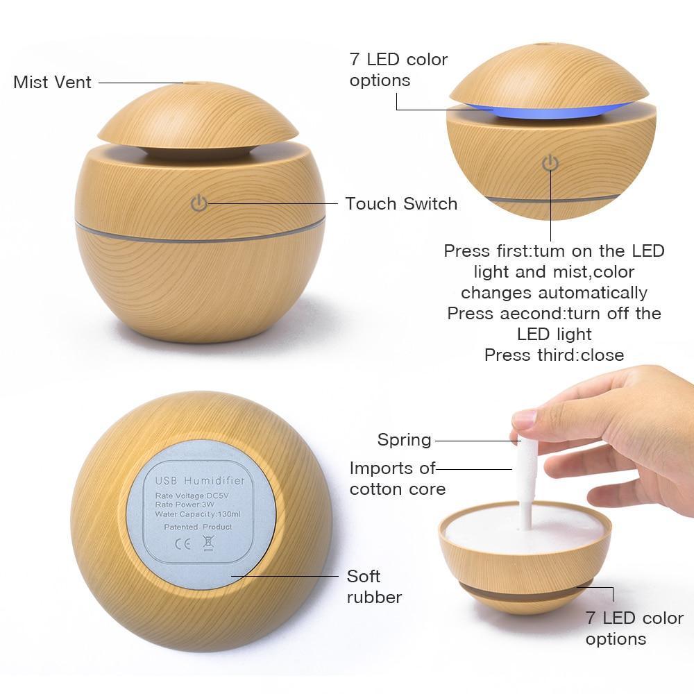 Mini Air Humidifier Ultrasonic USB Aroma Wood Grain LED Night Light Electric Essential Oil Diffuser Aromatherapy Home