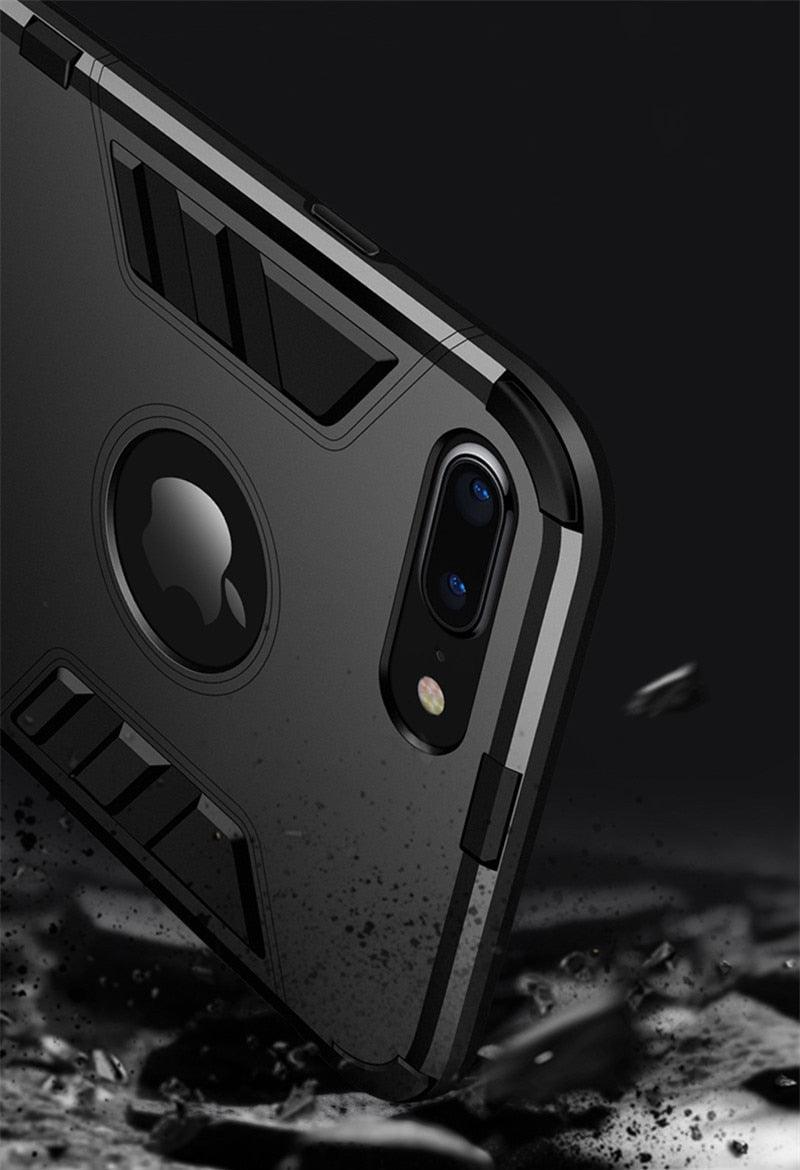 Luxury Black Cool Armor Case For iPhone 8 7 6 6S Plus 5 5s Shockproof Case For iPhone X XS MAX XR Stand Cover Case Heavy Duty Shockproof Armor Dual Layer Protection Back Case Cover