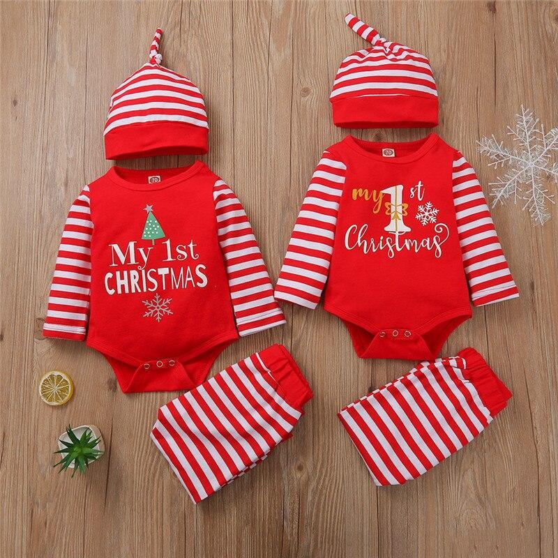 3PCS Romper Jumpsuits+Striped Pant Christmas Clothes Set Kids for Infant Boys/Girls In Christmas Printed Design