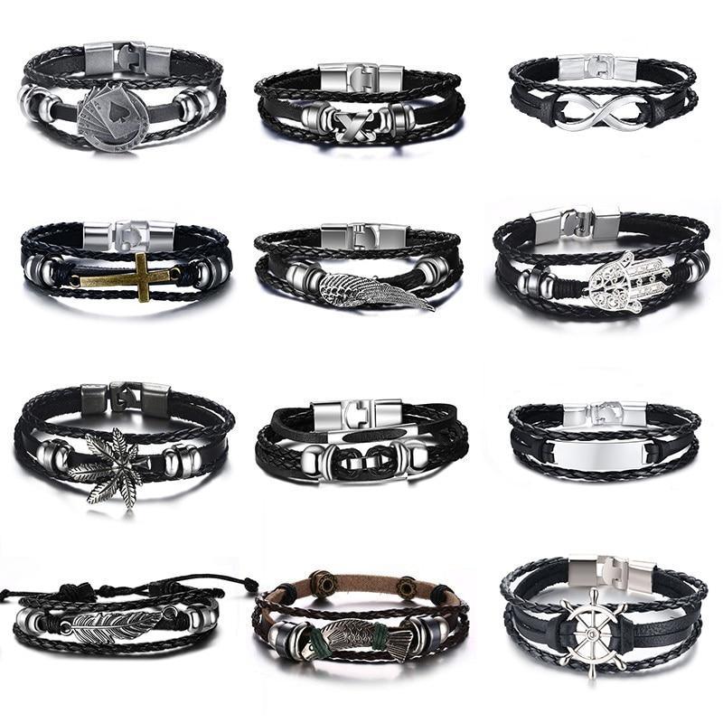 Lucky Vintage Men's Leather Bracelet Playing Cards Charm Multilayer Braided Men and Women Gift